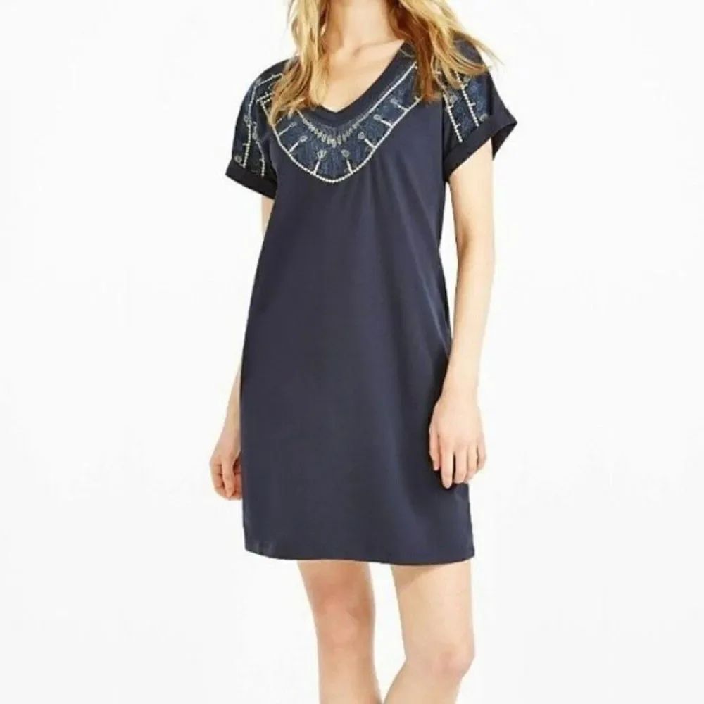 Nic & Zoe navy embroidered neckline dress size m